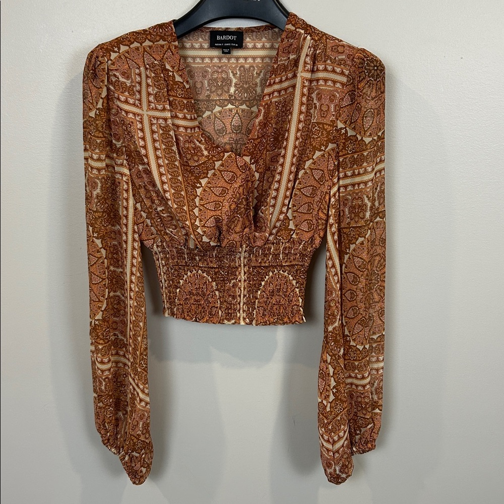 Bardot Boho Paisley Print Long Sleeve Crop Top Brown Orange XS Smocked sheer